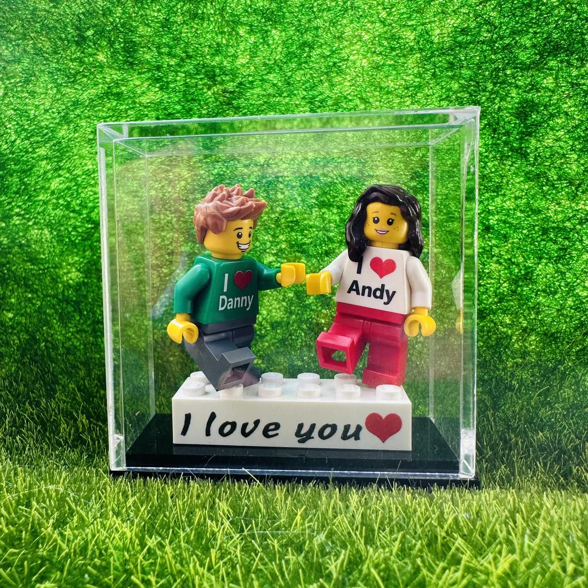 Custom brick figure couple with personalized I love you name brick inside the acrylic display case